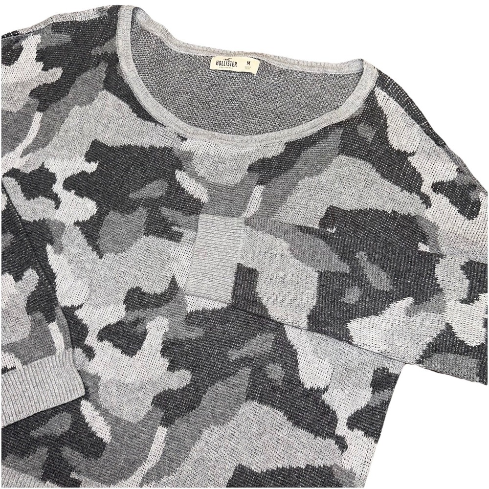 Hollister Open Round Neck Gray Camo Long Sleeve Pullover Sweater Women's M